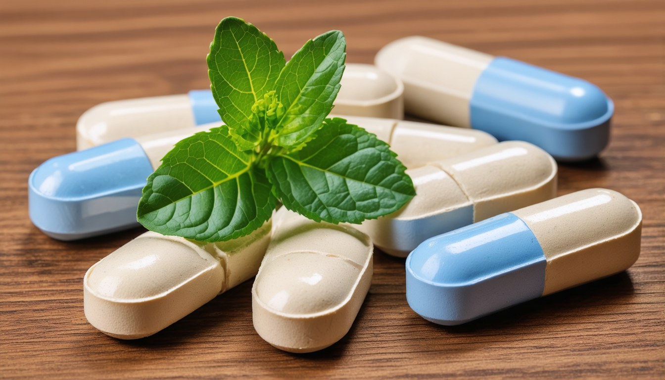 Natural supplements such as ginseng, maca, and herbal capsules displayed with a stethoscope, symbolizing herbal Viagra alternatives and evidence-based men’s health care.